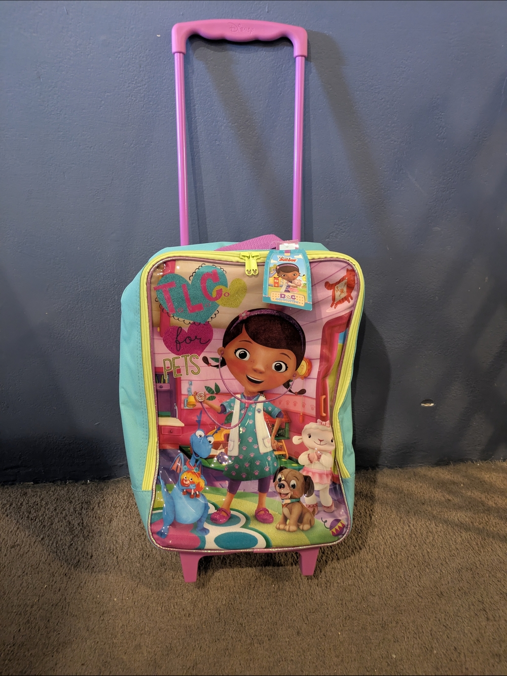 Disney Jr Doc McStuffins Kids soft Rolling Suitcase overnight bag- Pink & Aqua